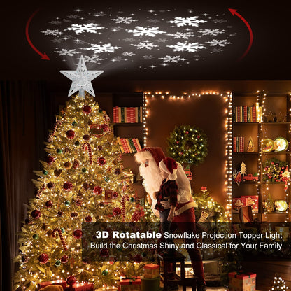 Winpull Christmas Tree Topper Lighted with 6 Pattern Projection Modes, Christmas Star Tree Topper Built-in LED Rotating Lights, Silver 3D Glitter Dynamic Projector for Christmas Decorations