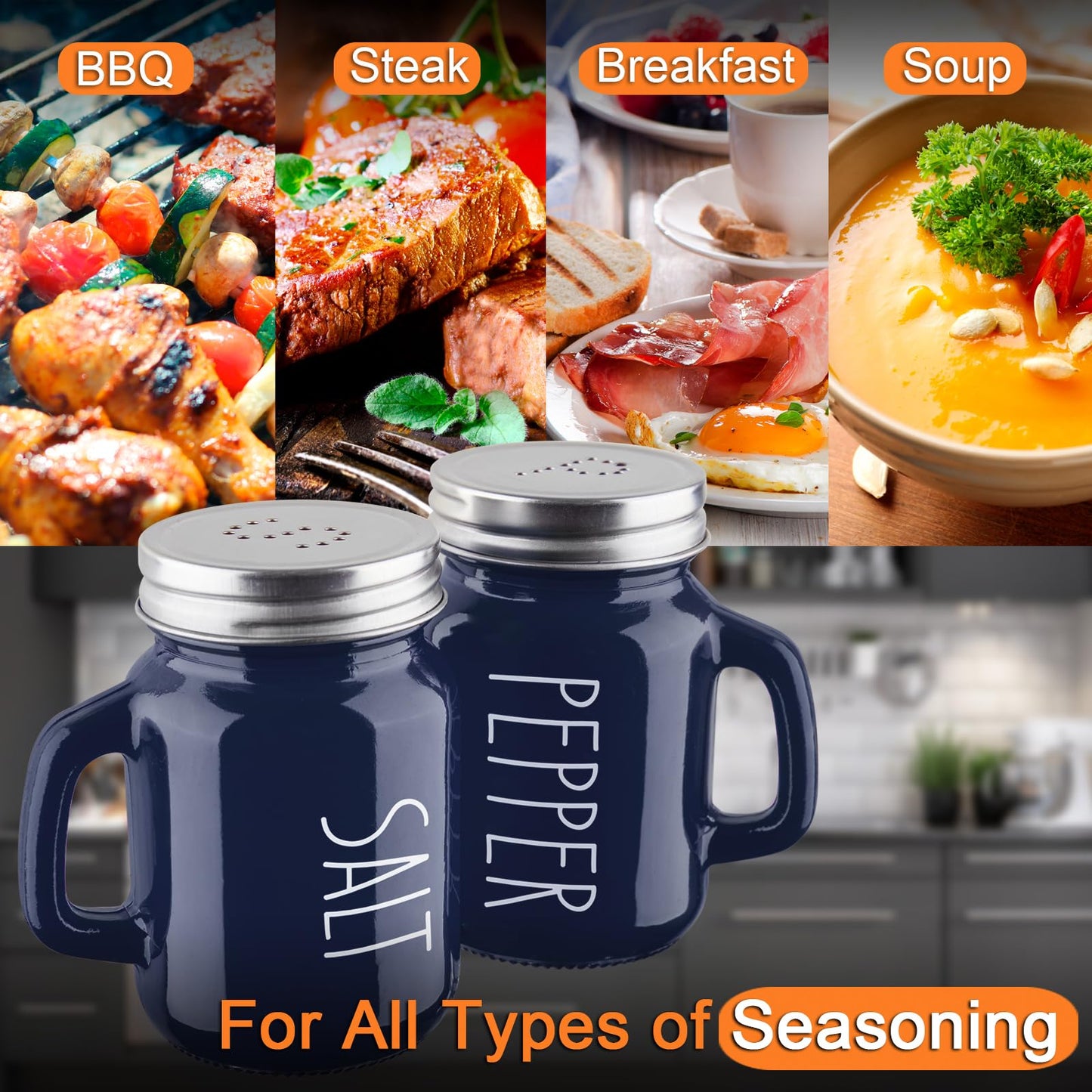 Navy Blue Salt and Pepper Shakers Set, 4 oz Cute Modern Glass Shaker Sets with Stainless Steel Lids, Blue Kitchen Decor and Accessories for Home Restaurants Weddings