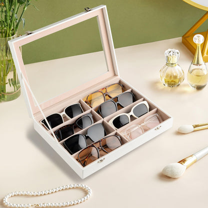 Frebeauty Sunglass Organizer,PU Leather Glasses Organizer,8-Slot Sunglasses Tray with Clear Lid,Men's/Women's Sunglasses Box,Sunglass Case,13.3x9.65x2.48 Inches,Eyeglass/Eyewear Display Tray(White)
