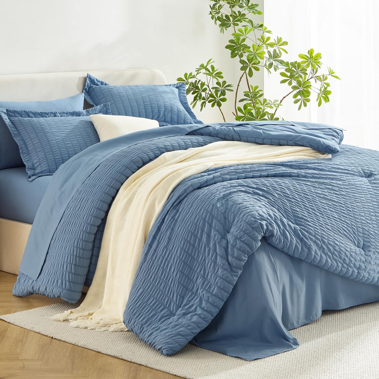 HIMEET Queen Comforter Set - 7 Pieces Seersucker Bed in a Bag, Boho Bedding Sets for Bedroom Decor, All Season Home Essential Bed Set with Comforter, Sheets, Pillowcases & Shams, Grayish Blue