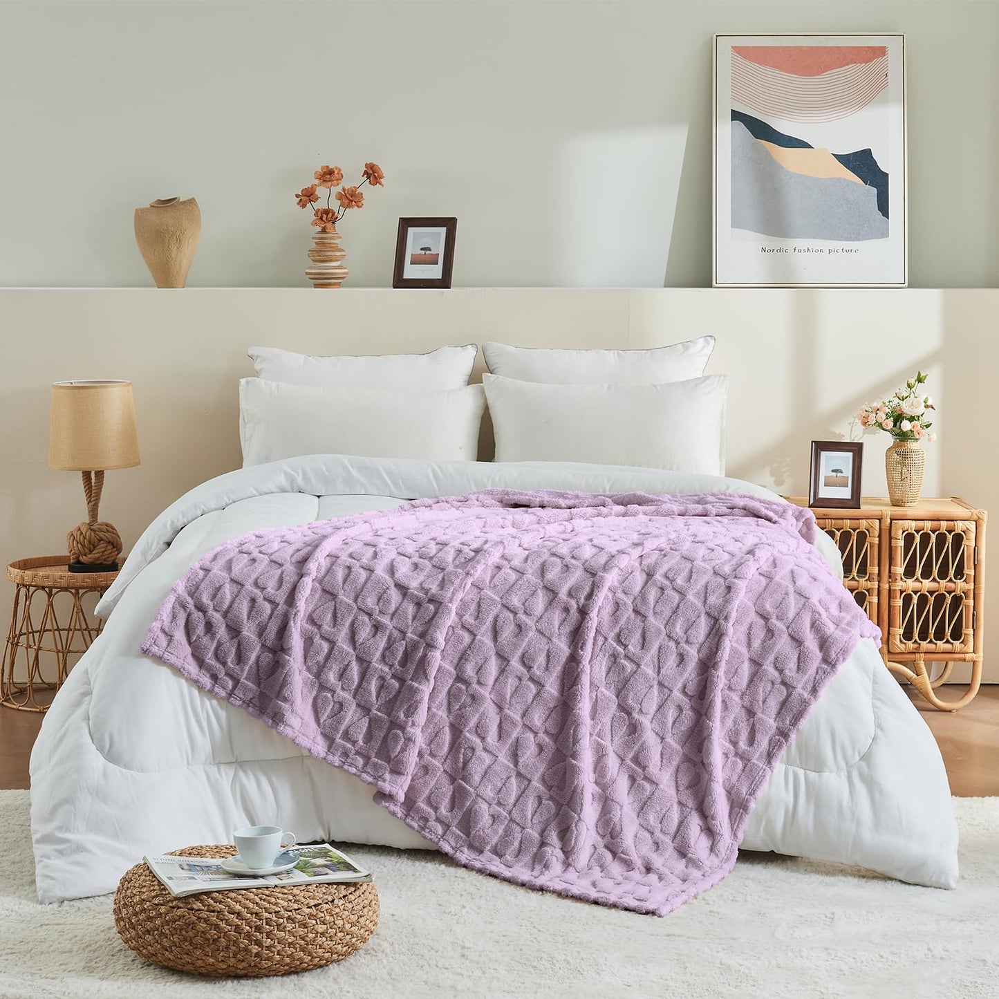 GIOKARNNA Light Purple Throw Blankets with Heart Checkered Throw Blanket for Lover Mom Gifts Fleece Blanket, 60x80 Inches, 300GSM