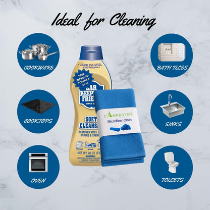 Campester Microfiber Cleaning Cloth Bundle for Bar-Keeper's Friend Soft Cleanser 26 Oz and. Removes Rust, Lime Stains, Tarnish. Ideal for Stainless Steel, Ceramic, or Tile. Kitchens Or Bathrooms
