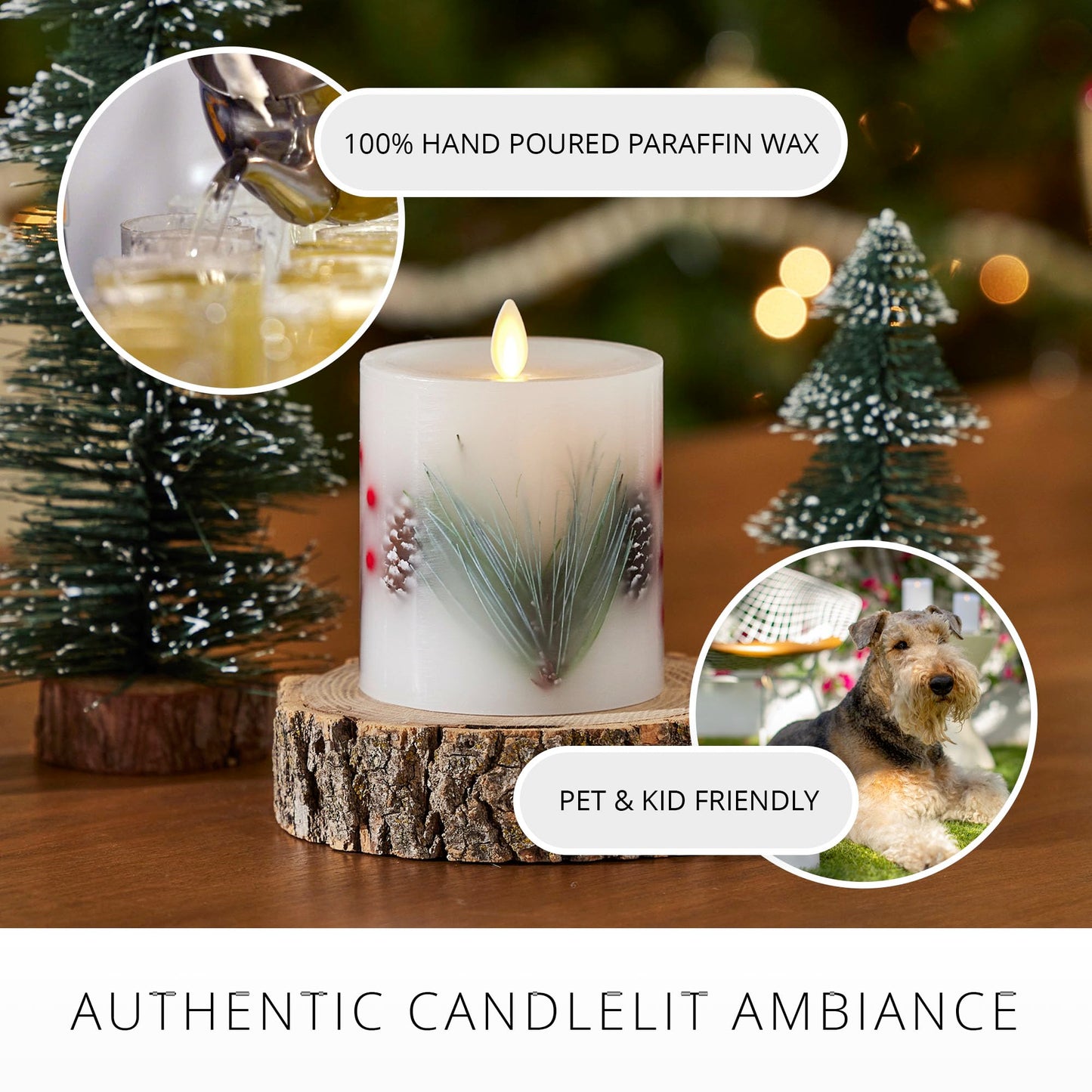 Luminara Embedded Flameless LED Candle - Pine Berries 3.5" x 4.5" - Moving Flame Pillar, Battery Operated Timer, Real Wax, Unscented, Safe