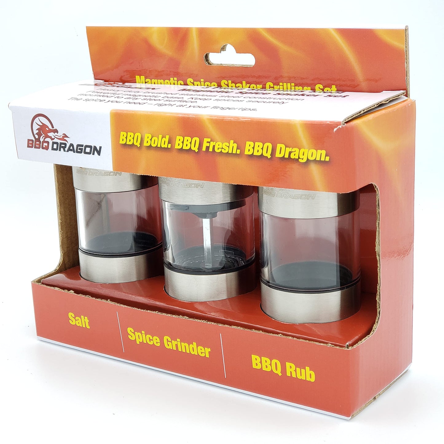 BBQ Dragon 3 Piece Salt and Pepper Shakers Set – Magnetic Stainless Steel Dispensers with Refillable Grinder – Adjustable Lids for Kitchen, Grill and Outdoor Cooking