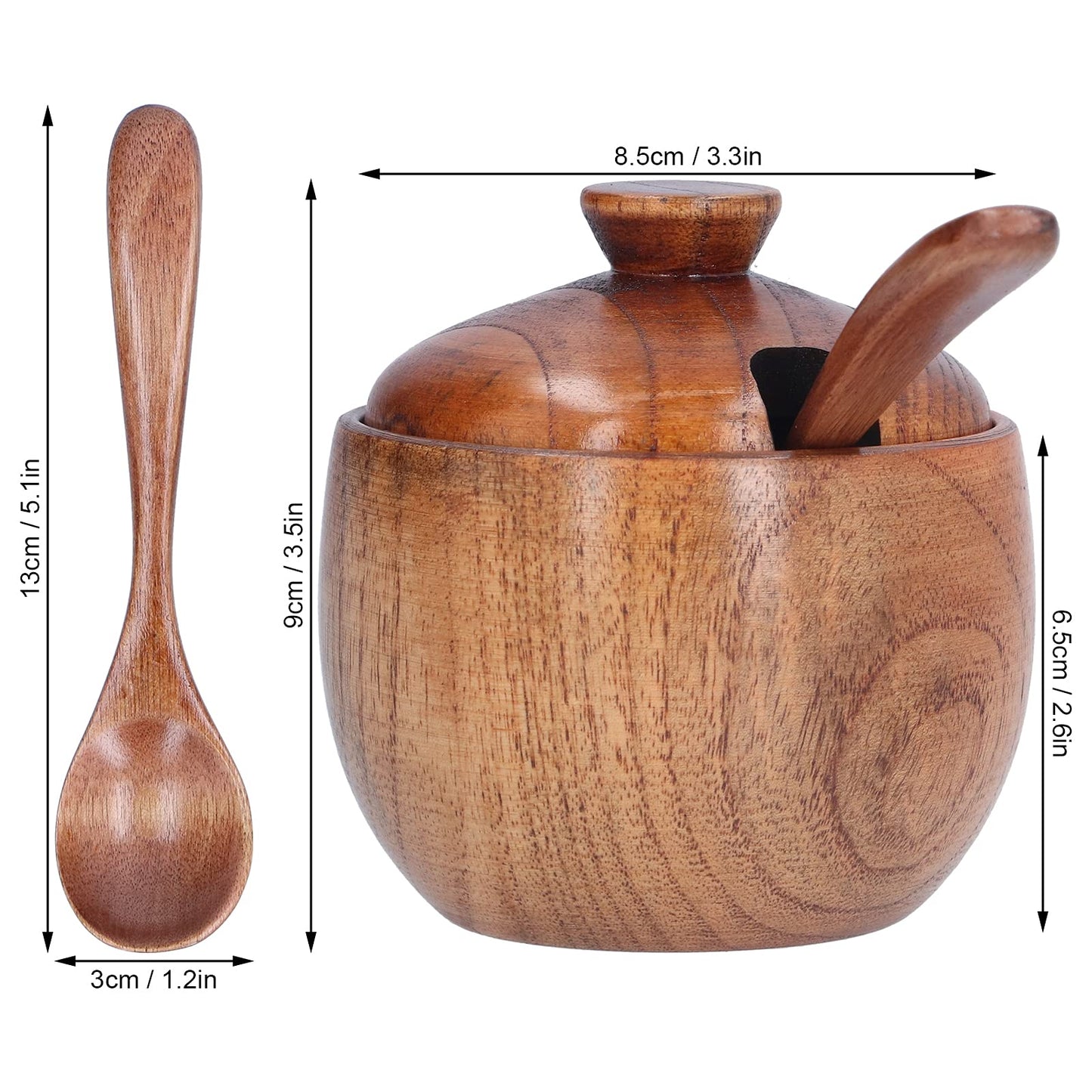 Tomotato Wood Spice Jar, Rustic Wooden Sugar Bowl with Lid and Spoon, Salt Cellar Pepper Condiment Pot Seasoning Jar Container Box for Home Kitchen Restaurant