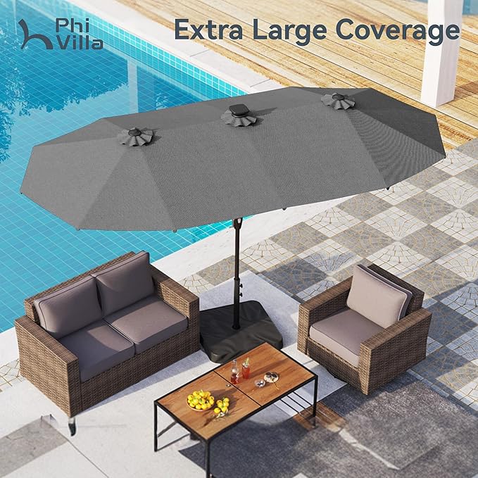 PHI VILLA 13ft Patio Umbrella with 120 PCS Solar-Powered LED Color-Changing Lights, Double-Sided Large Rectanglular Umbrella Outdoor for Table with Crank Lift,Light Grey(No Base)