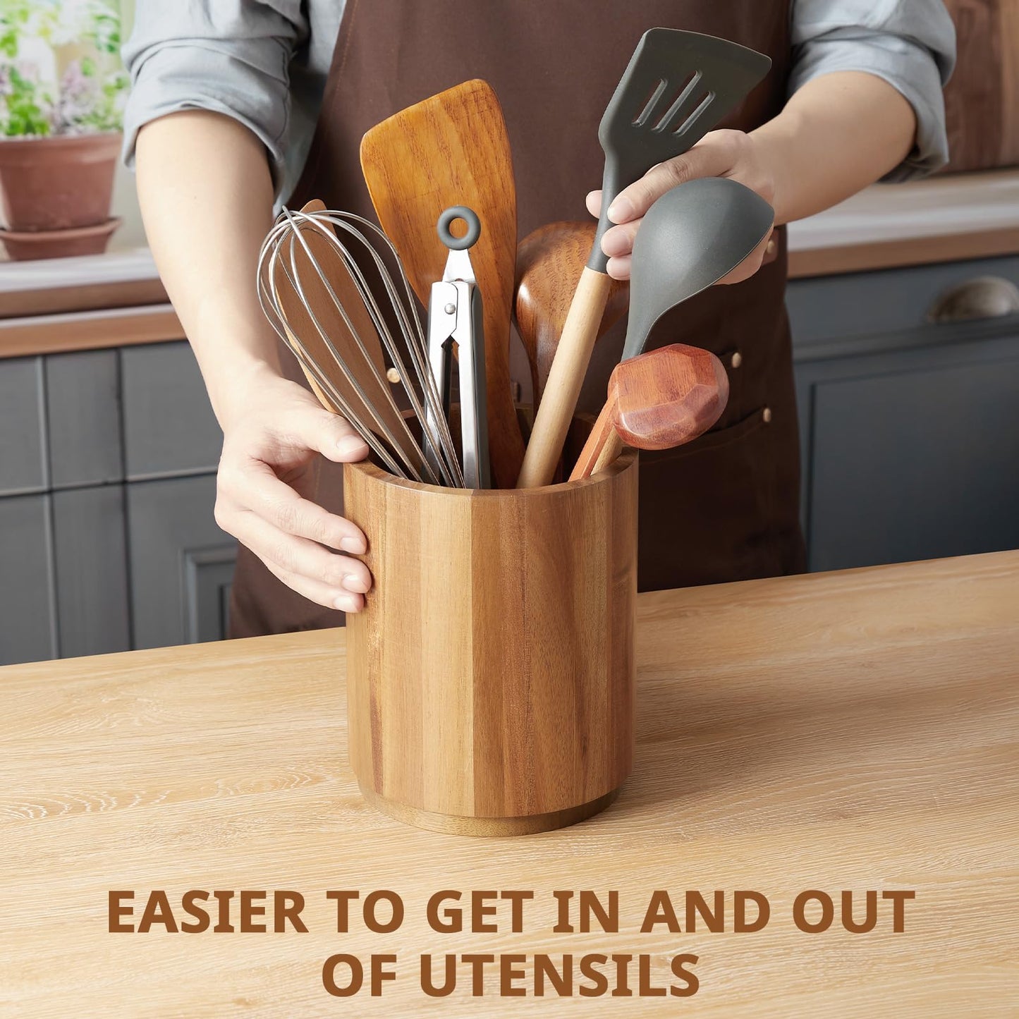 Bivvclaz Acacia Wood Utensil Holder, 360°Rotating 7.2" Utensil Holder for Kitchen Counter, Large Kitchen Utensil Holder, Cooking Utensil Crock for Countertop, Farmhouse Kitchen Decor and Accessories