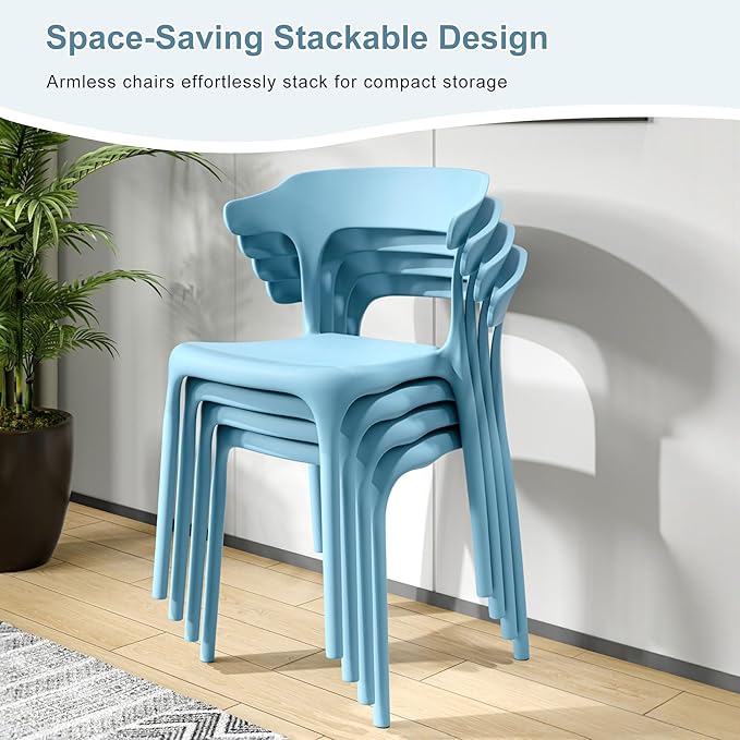 VECELO 4 Pack Plastic Stacking Chairs, Stackable Dining Chairs for Kitchen Restaurant Patio, Portable Indoor Outdoor Use, No Assembly Required, Blue
