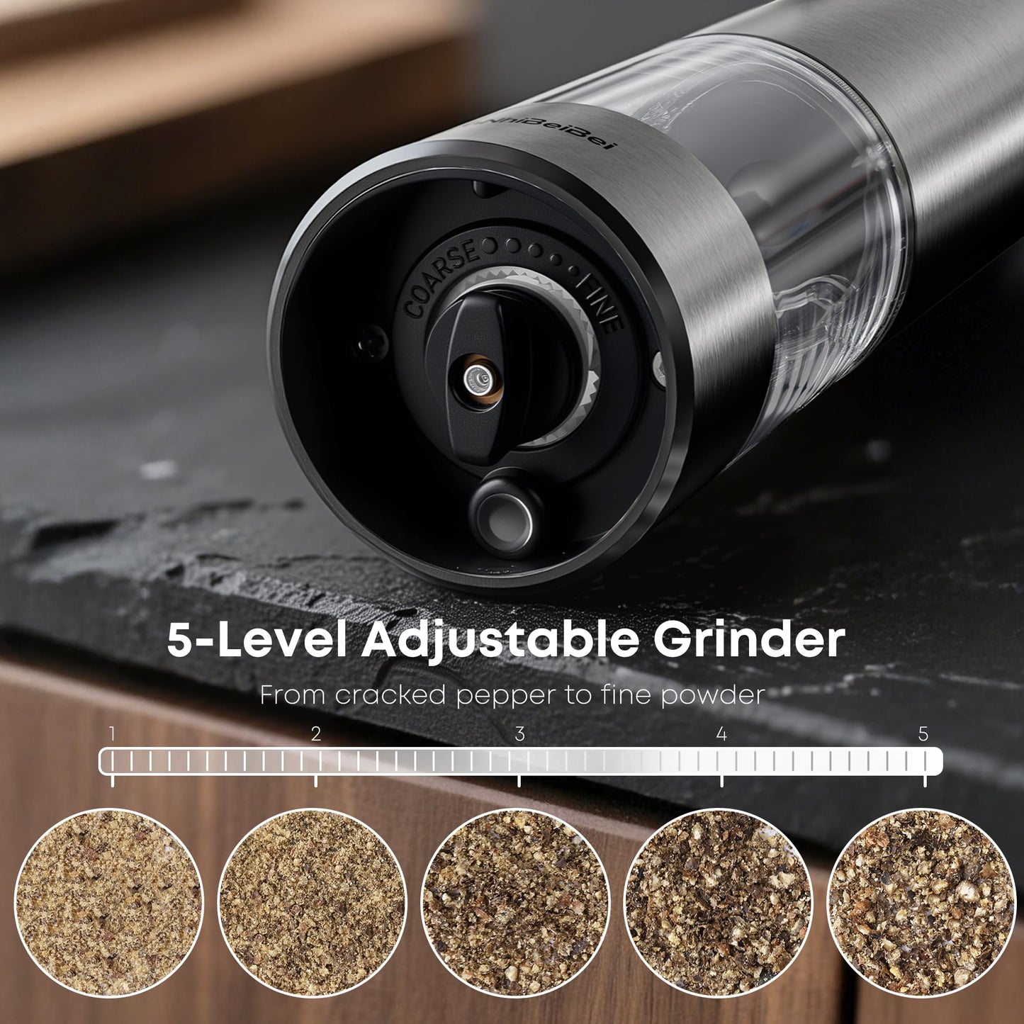 MaNhiBeiBei Electric Salt and Pepper Grinder Set - One-Hand Operated, Adjustable Coarseness, Ceramic Burrs, LED Light, Stainless Steel, Housewarming Gift (2 Pack)