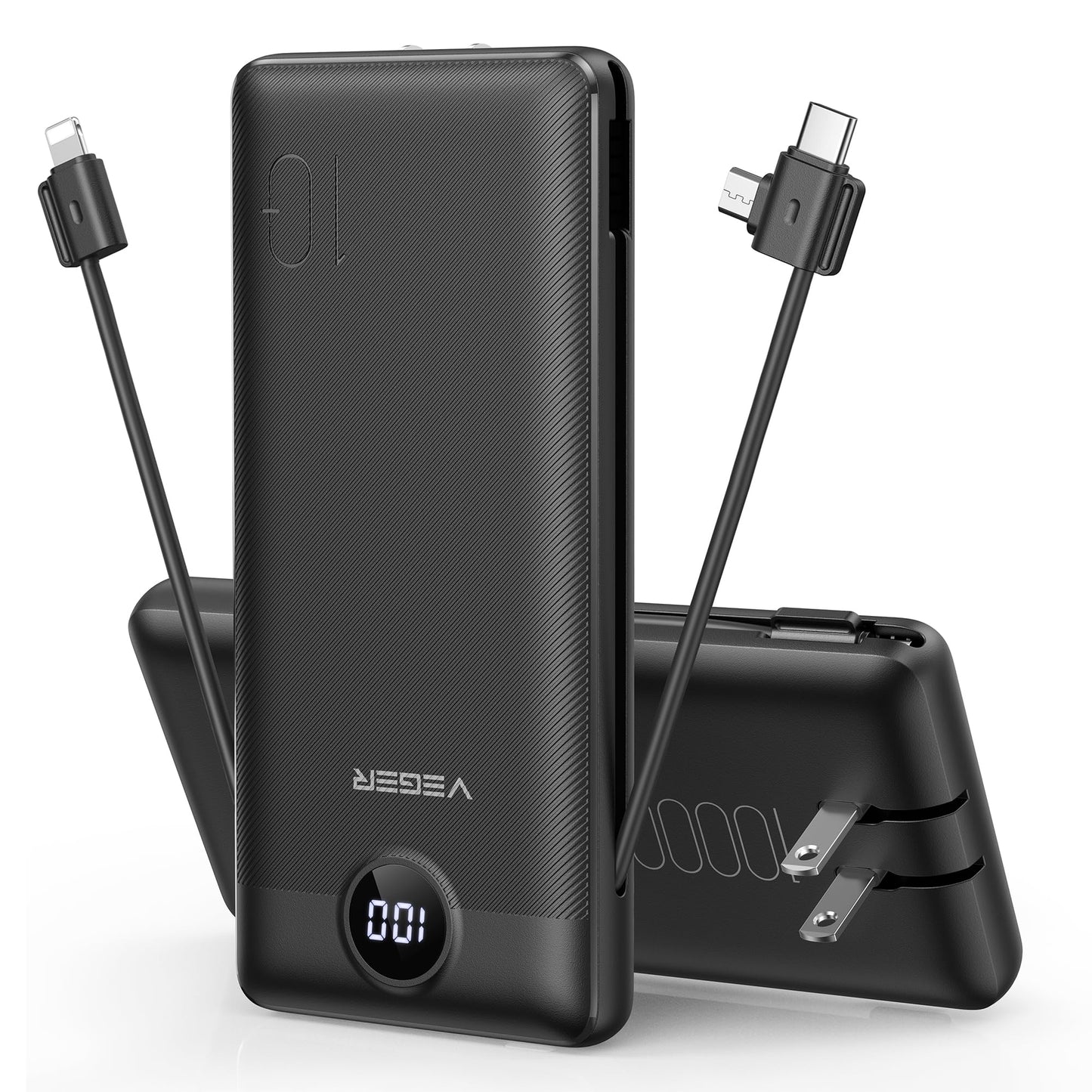 VEGER Portable Charger for iPhone Built in Cables and Wall Plug, 10000mah Slim Fast Charging USB C Power Bank, Travel Essential Battery Pack Compatible with iPhones, iPad, Samsung More Devices(Pink)
