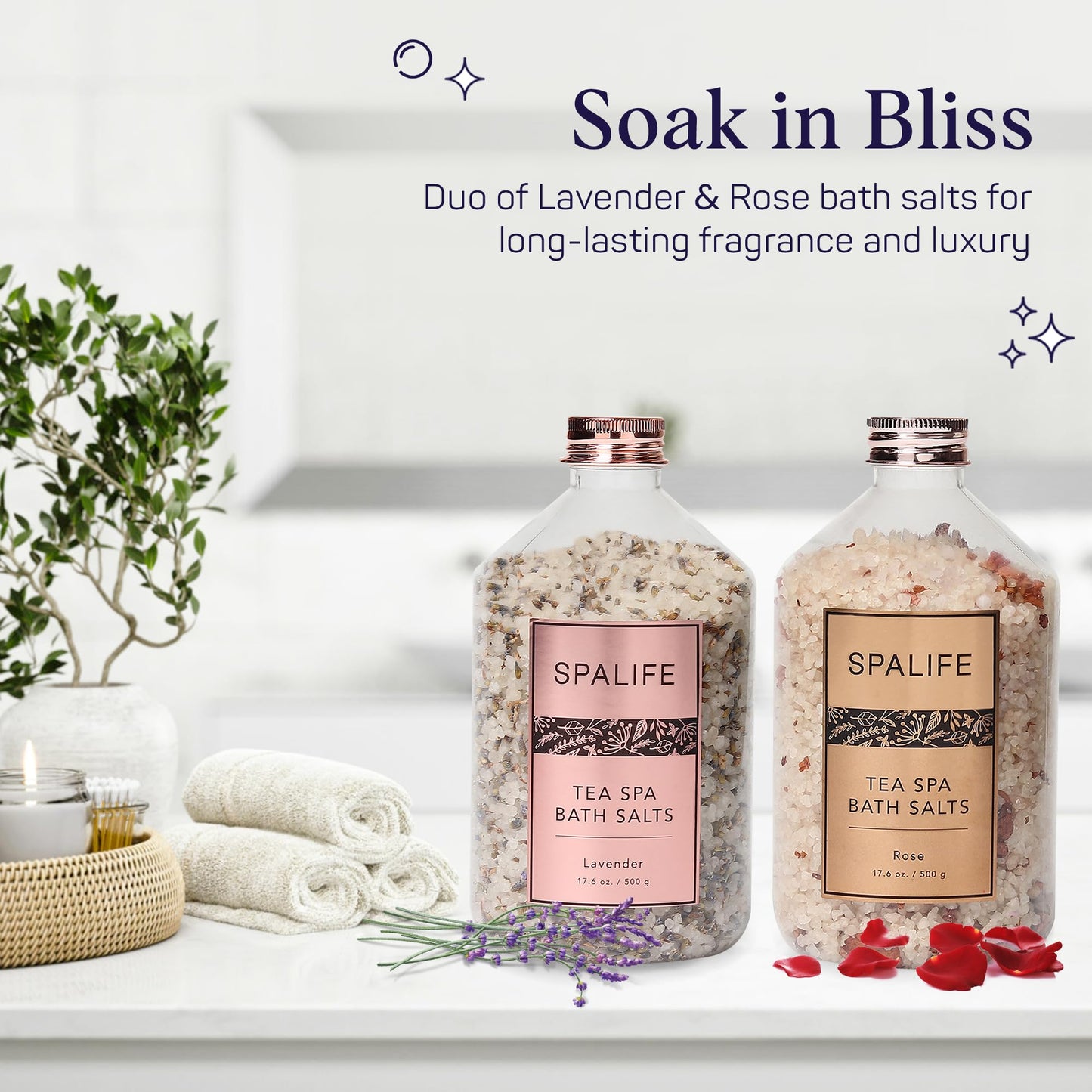 SpaLife Effervescent Rose & Lavender Bath Salts for Women Relaxing | All Natural Aromatherapy Dead Sea Salt Bath Soak Duo | Real Flower Petals for Relaxing Mineral Baths | 2-Pack (35.2 oz)