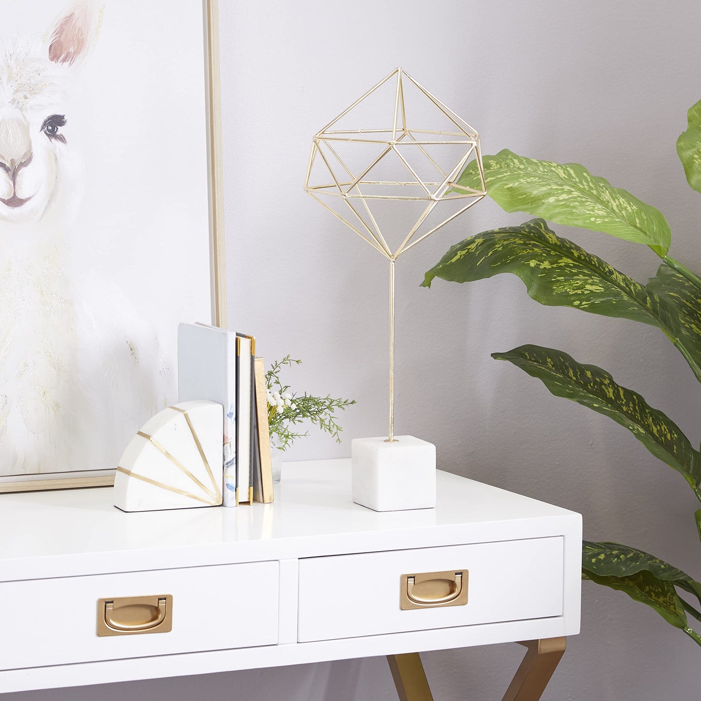 CosmoLiving by Cosmopolitan Marble Geometric Sculpture with Marble Base, 9" x 9" x 22", Gold