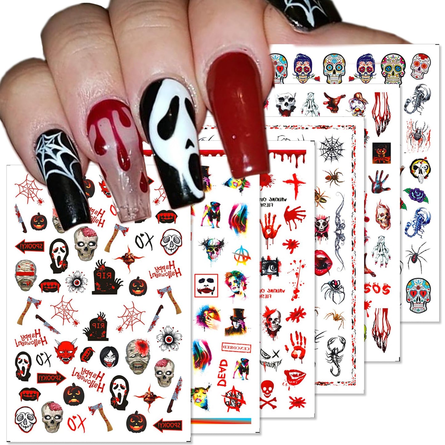 TailaiMei 12 Sheets Halloween Nail Stickers, 3D Horror Scream Scary Wound Scar Bloody Self-Adhesive Gothic Nail Art Decals for DIY Nail Decorations (Bleading Style)