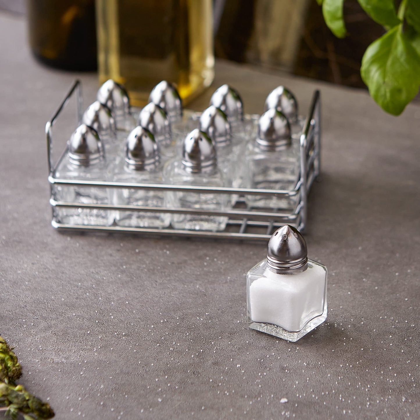 RSVP International Mini Glass Salt & Pepper Set Holder Included, 12 Shakers, Chrome and Stainless Steel