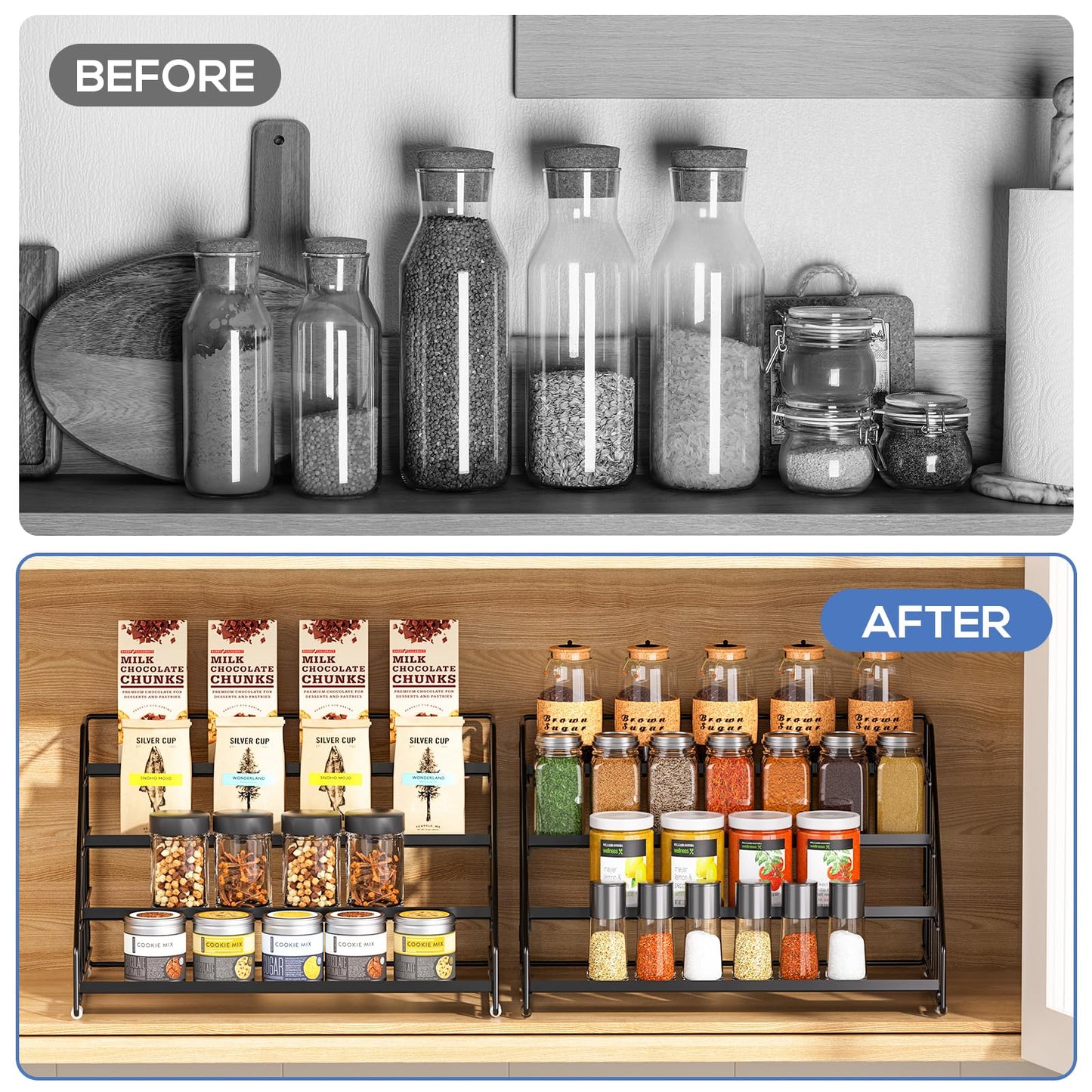 GIGIFTREE Spice Rack Organizer for Cabinet, 4 Tiered Spice Rack Organizer, Tiered Adjustable Spice Shelf for Kitchen Countertop Organization, Bright Black