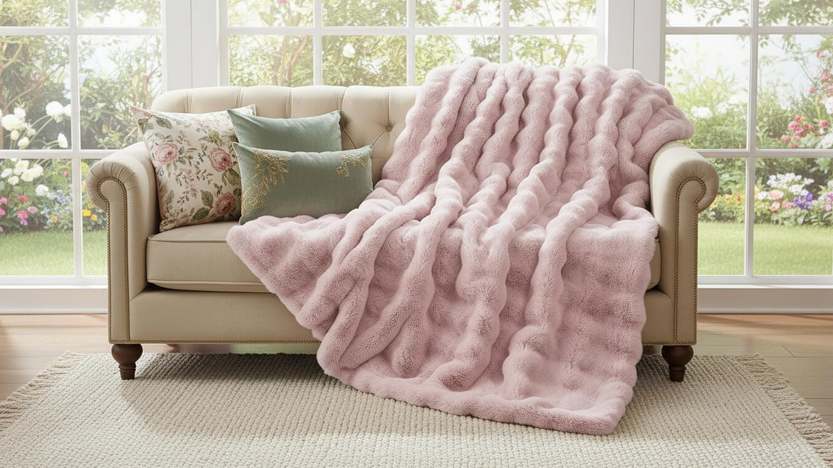 Thistleap Faux Fur Throw Blanket, 50x60 Inch Bubble Textured Plush Couch Bed Throw, Ultra Soft Cozy Decorative Blanket, Machine Washable for Home Decor, Light Pink