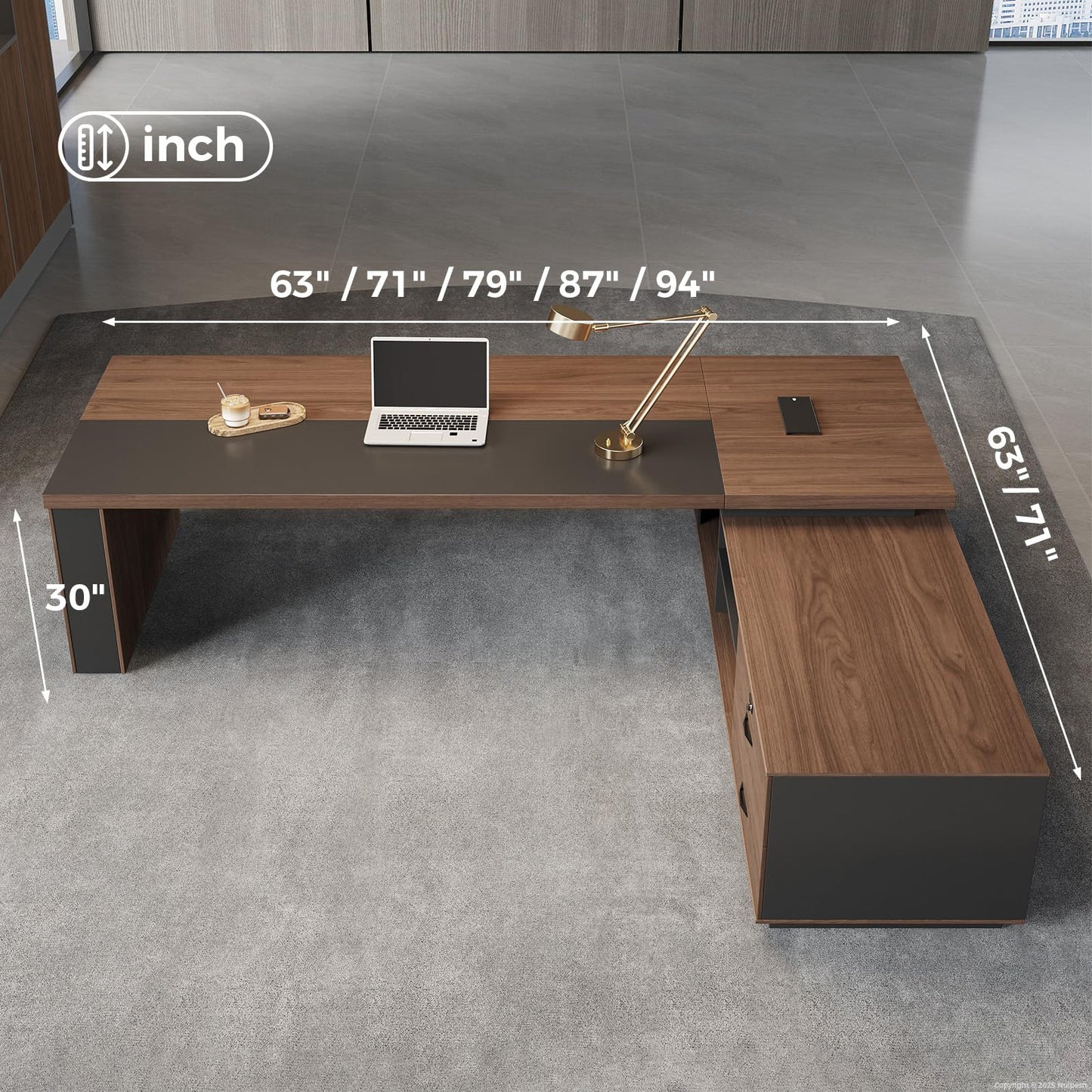 Nuipesn 63-Inch Reversible L-Shaped Executive Desk with Power Outlet & LED Lighting, Large Modern Office Desk with Drawers & Storage Shelves for Home & Office, Red Walnut & Iron Gray
