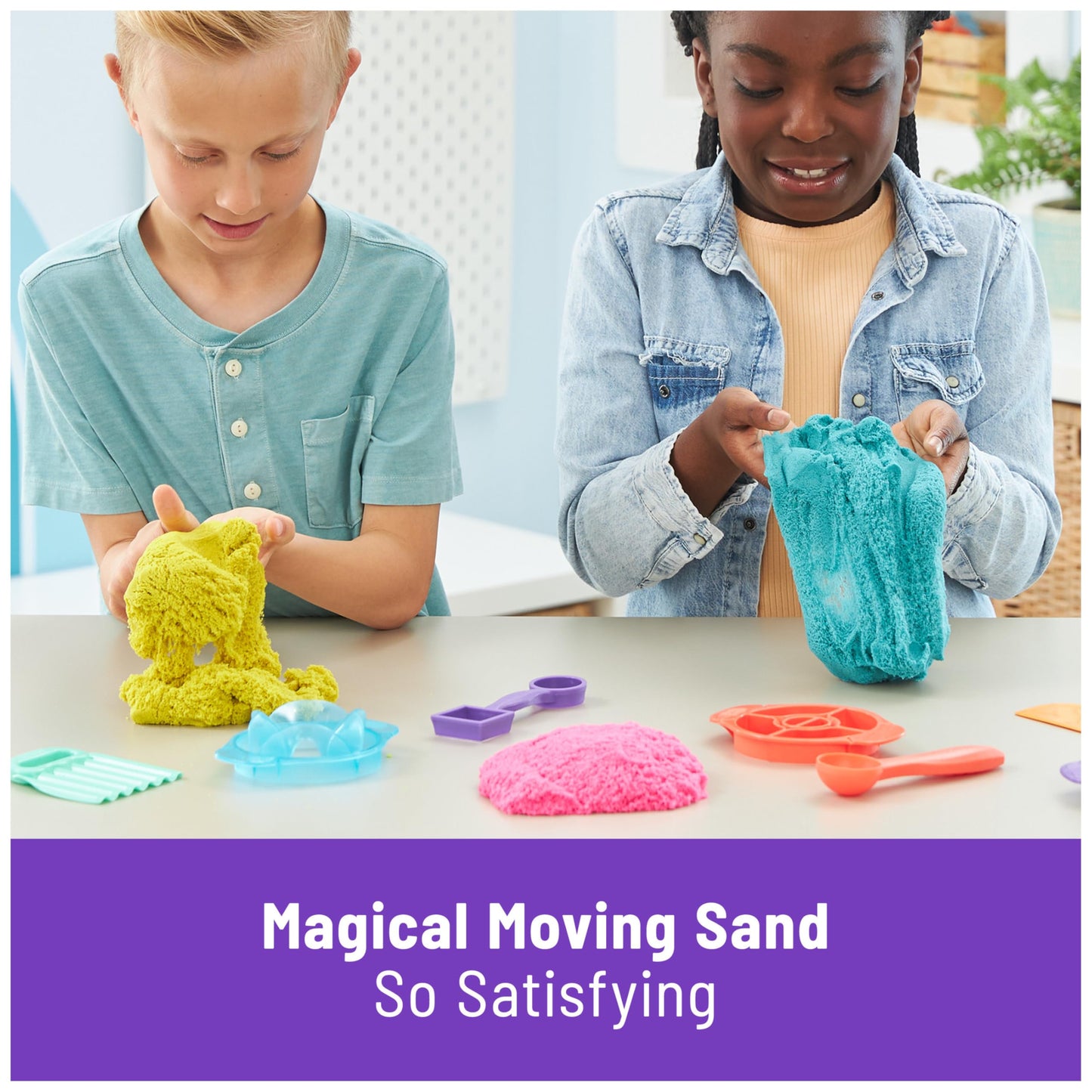 Kinetic Sand Ultimate Sandisfying Set, 2lb of Sand. Pink, Yellow and Teal, 10 Moulds and Tools, Sensory Toys for Kids Ages 7+