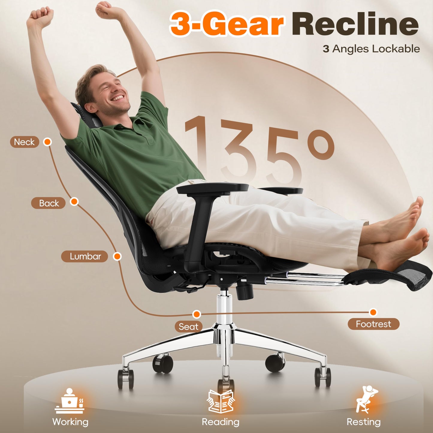 GABRYLLY Ergonomic Office Chair with Footrest, 135° Reclining Desk Chair with Adjustable Lumbar Support,3D Armrest,Headrest & Large Steel Base, 300LBS Heavy Duty Mesh Chair