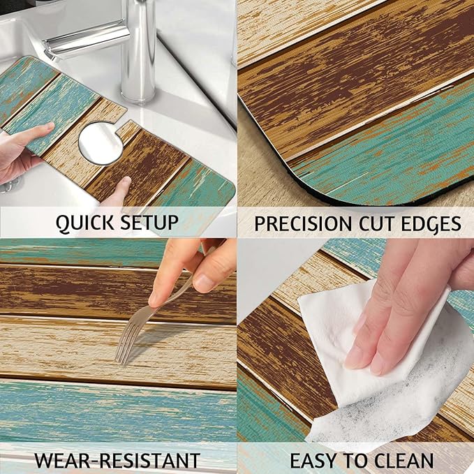 MCALK Wood Pattern Teal Kitchen Sink Faucet Mat Splash Guard, Absorbent