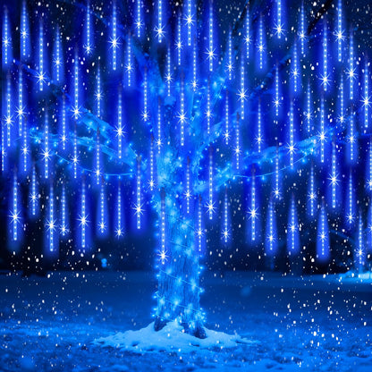 EAGWELL Meteor Shower Lights Outdoor Christmas Lights UL Certified Falling Rain Drop Snowfall Icicle Cascading String Light for Xmas Holiday Tree Wedding Party Garden Decor Blue, 12 Inch 10 Tubes