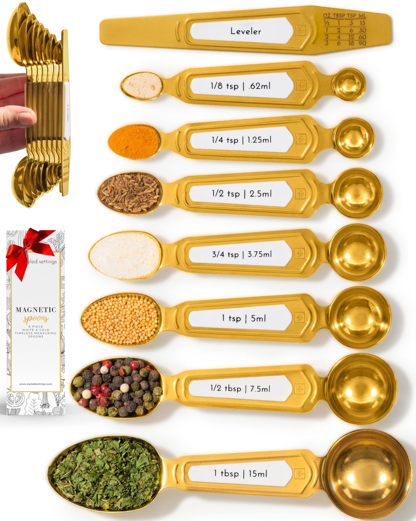 Styled Settings 19-Piece Kitchen Bundle – White and Black Salt and Pepper Grinders, Gold Measuring Cups, and Magnetic Measuring Spoons for Stylish and Functional Kitchens