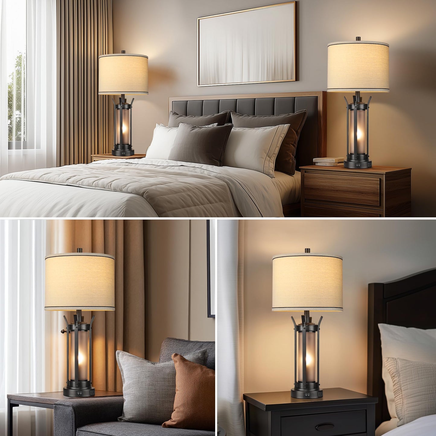 QiMH 26" Table Lamps Set of 2, Rustic Bedside Lamps with USB A+C Charging Ports, Farmhouse Industrial Nightstand Lamp with Frosted Glass Night Light for Bedroom Living Room, Black, 4 Bulbs Included
