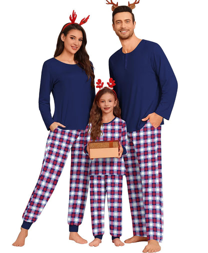 SWOMOG Couple Matching Pajamas Set Christmas Pajamas Long Sleeve Button Down Pj Set Festival Party Xmas Sleepwear Women Navy Blue Plaid Small