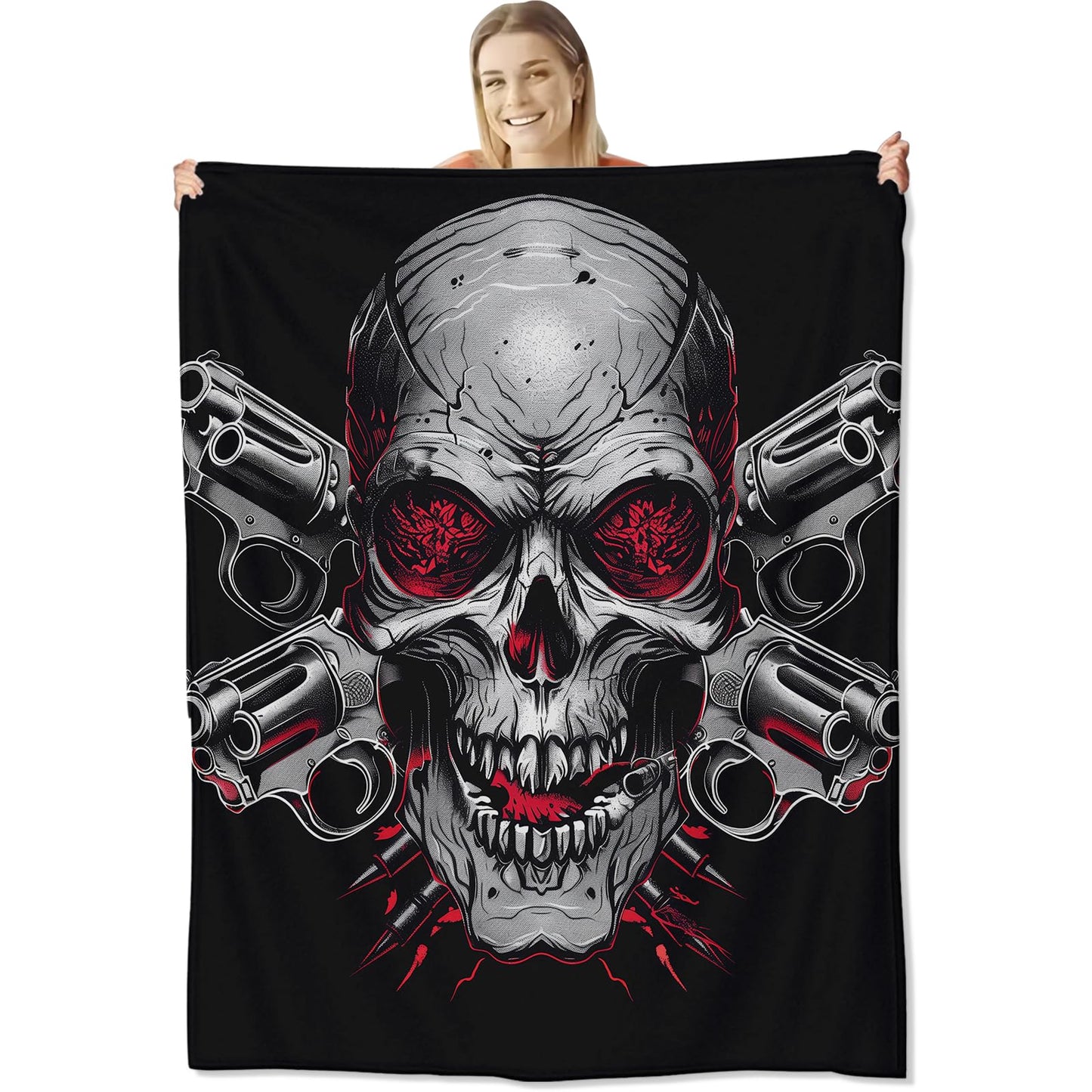 cromcu Skull Blanket for Kids and Adults, Flannel Skeleton Throw Blankets with Black Background for Sofa Couch Bed Living Room Halloween Decor Gifts, Single-Sided Printing, 50x60 Inches