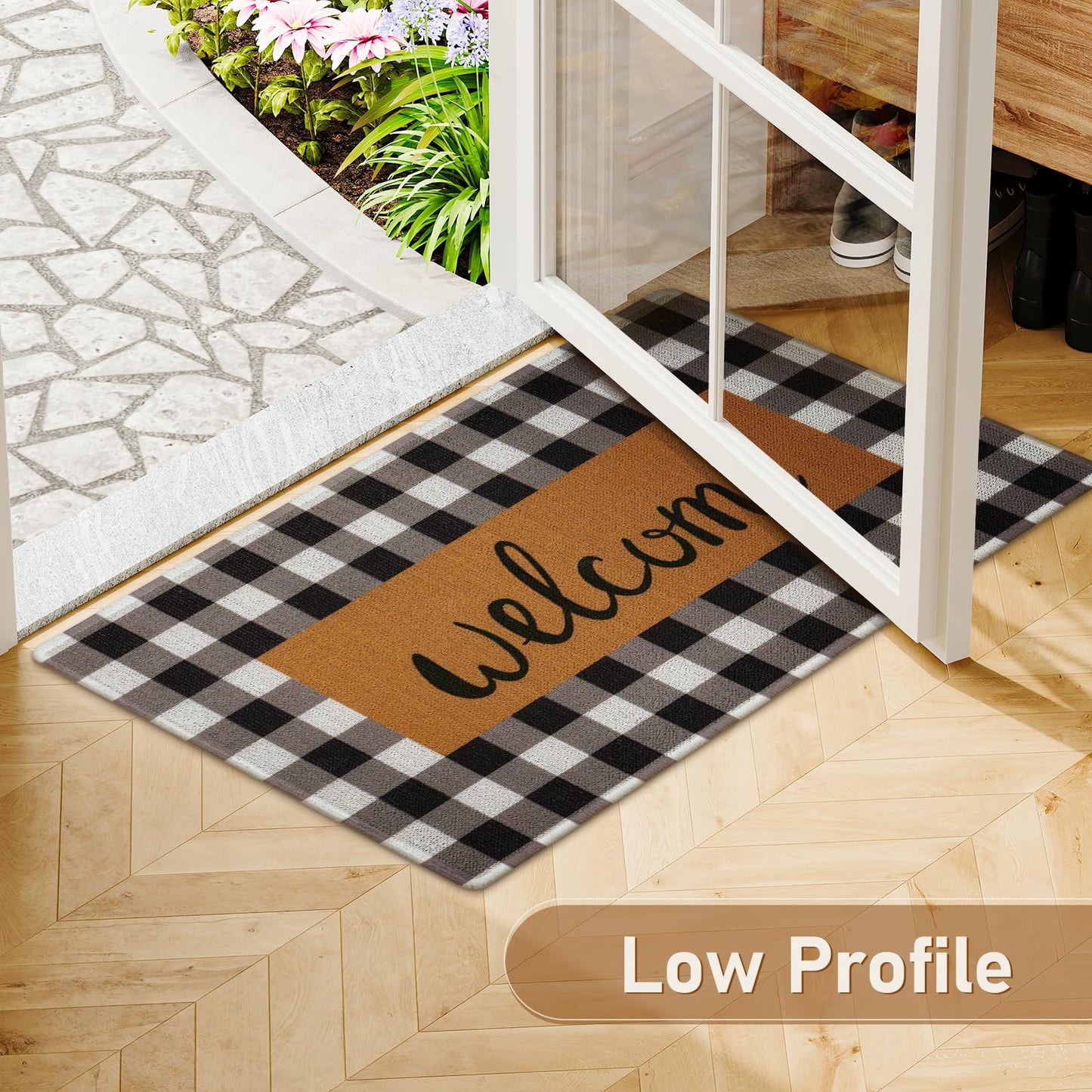 UINI Welcome Mat Outdoor Indoor Door Mats, Heavy Duty Buffalo Plaid Welcome Front Door Mat, Non Slip Durable Entrance Rugs for Outside Entry, Porch, Resist Dirt, 17"x 30"