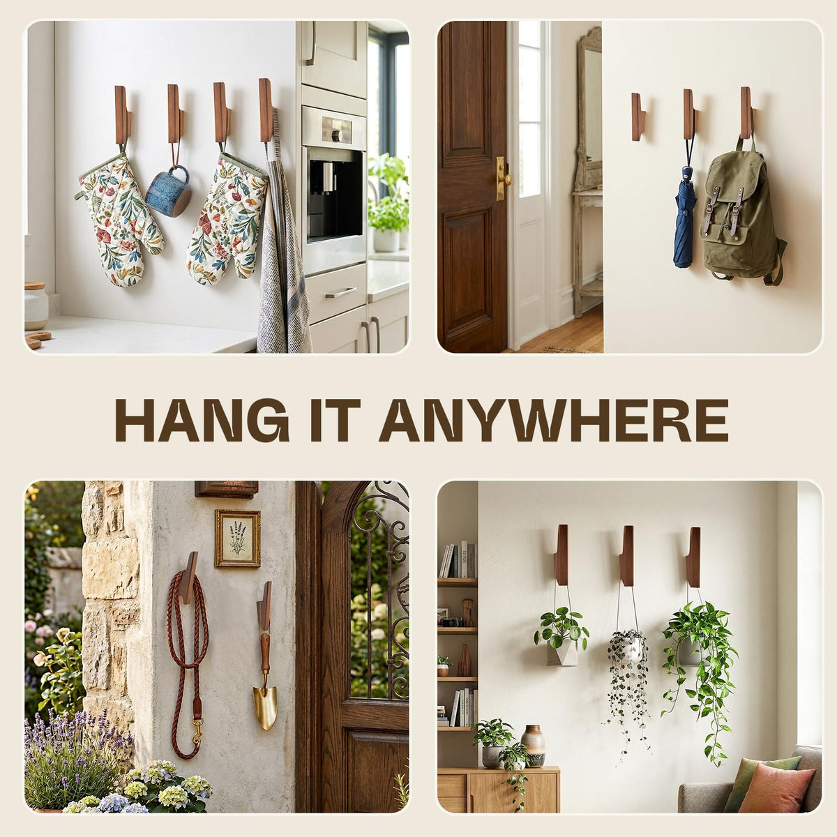 CRSWHA Natural Wood Coat Hooks,4 Pack Wall Mounted Wooden Hat Hook,Rustic Decorative Backpack Holder for Entryway,Heavy Duty Towel Hooks for Hanging Coats, Bag,Hat,Purse(Walnut)