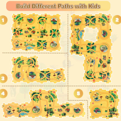 Plastic Dinosaur Puzzles for Kids with A Cute Car, Montessori Toys for 3 4 5 6 Year Old Boys, Race Tracks for Kids 3-5, Toddler Puzzle Track Play Set, Gifts for 3 4 5 6 Year Old Boys Toys