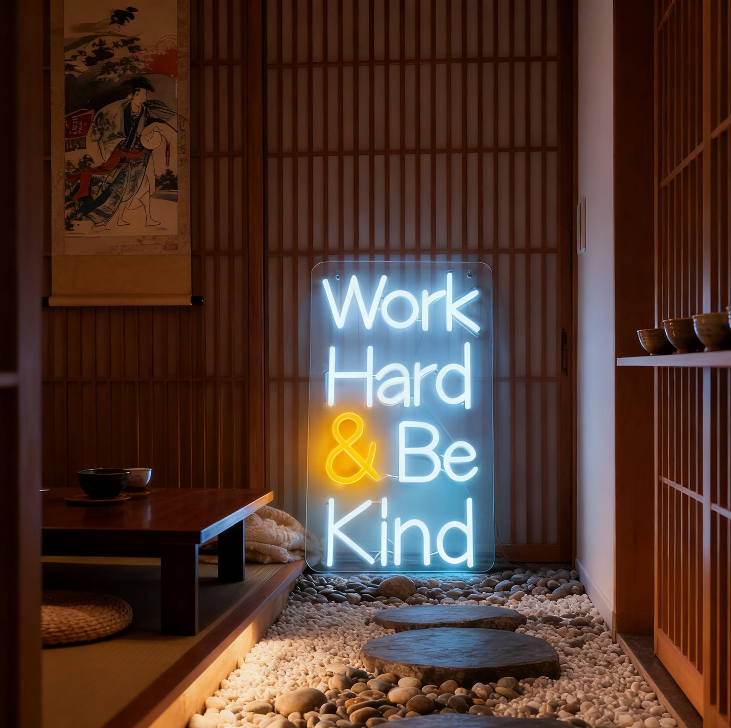 Work Hard Be Kind Neon Sign, Inspirational Quote Light Up Sign, Office Home Bedroom Living Room Workspace Gift Wall Table Decor USB Powered Dimmable LED Neon Light 16.1 x 9.4 In