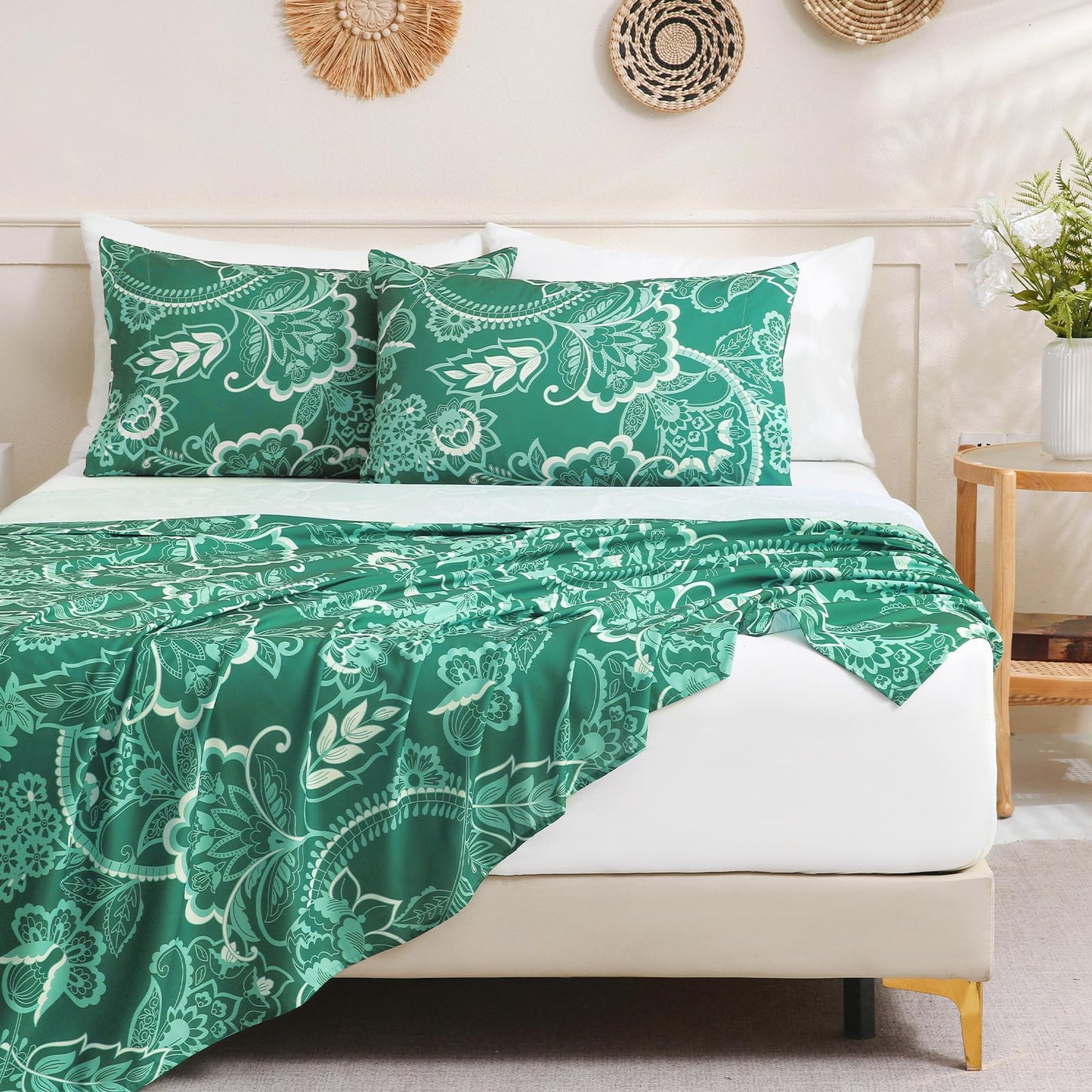 Botanical 6-Piece Full Size Sheets Set, Boho Floral Print Brushed Microfiber Sheets, Cooling Bed Sheet Set, Ultra Soft & Breathable, 16' Deep Pocket Fitted Sheet & Pillowcase Set, Green Paisley