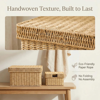 GANLUX Wicker Storage Basket with Lid - Woven Basket for Storage,Rectangular Decorative Boxes Bins with Lids for Shelves,living room, Nursery, 3 baskets+1 lids(Natural)