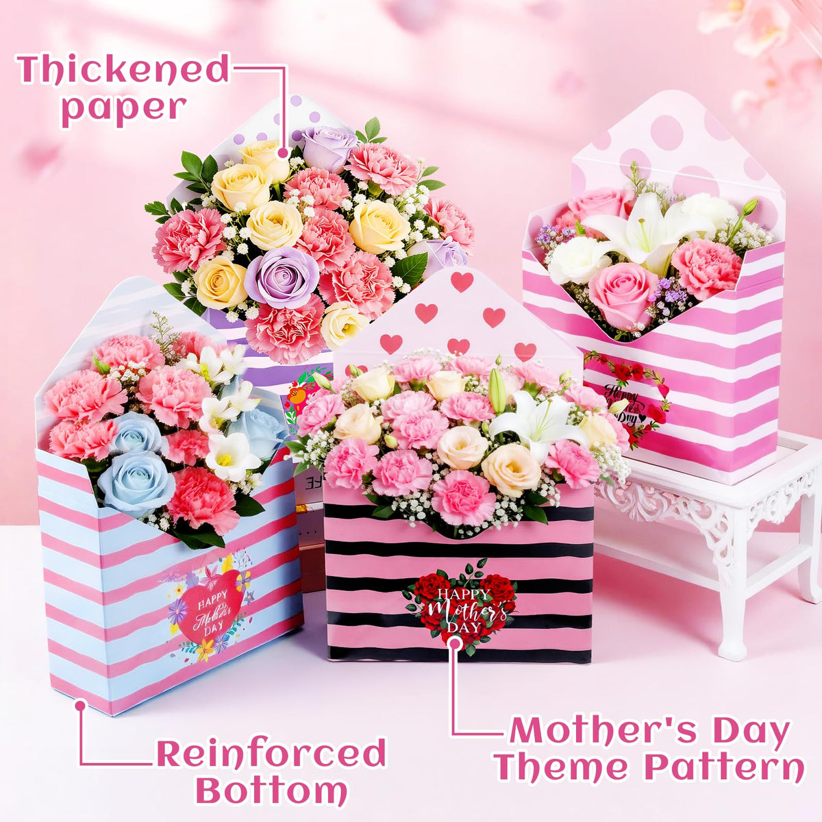 12 Pcs Gifts for Mothers Day Florist Box Mothers Day Bouquet Envelope Boxes Stripe Mother Gifts Floral Envelope Boxes Paper,Flower Bouquet Packaging Gift Box Wrapping for Wedding Birthday Party Decoration