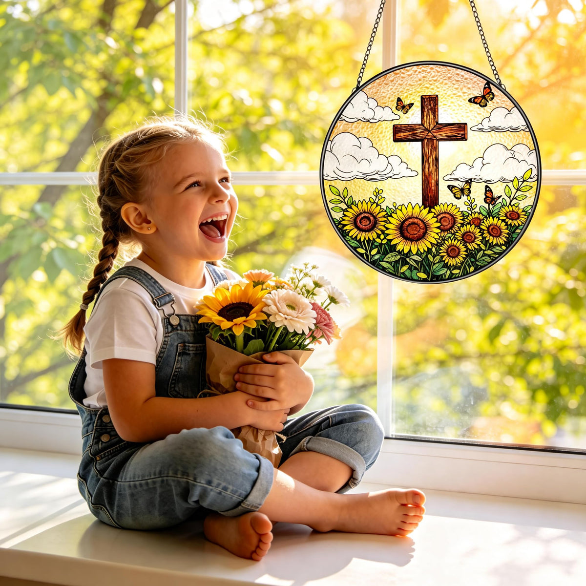 8 Inch Stained Glass Cross Suncatcher with Sunflower & Butterfly Christian Gifts for Women Religious Window Hanging Decor Unique Catholic Easter Birthday Gifts for Mom Grandma (Brown, Medium)