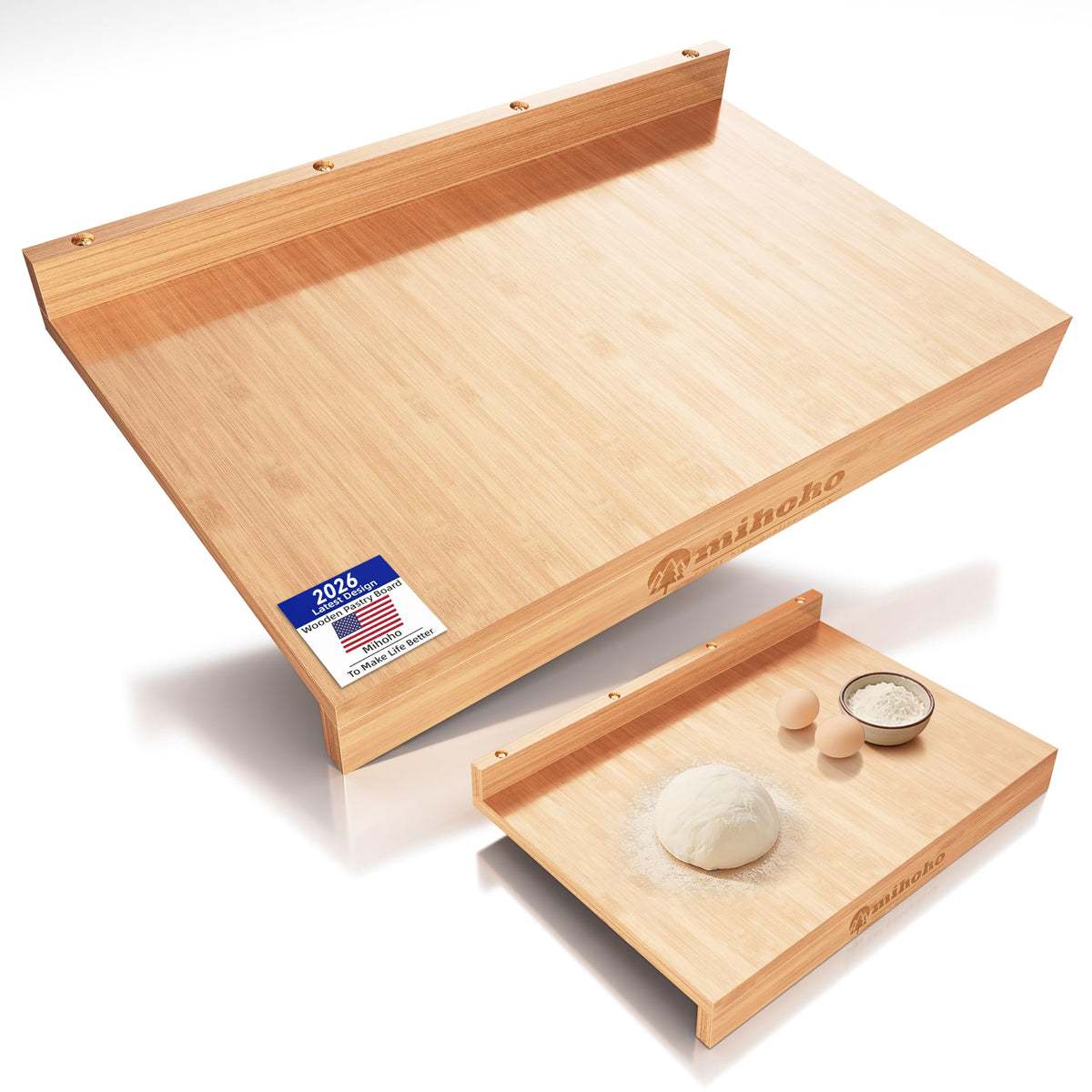 Wooden Pastry Board, Cutting Board with Counter Edge, Reversible Kneading Board for Rolling Dough Bread, Chopping Board with Lip 24X 15.8 in (bamboo D)