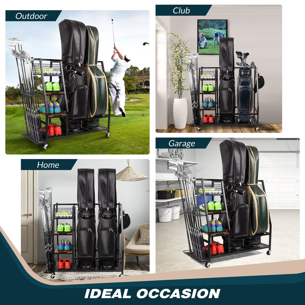 Sttoraboks 2 Golf Bags Storage Garage Organizer, Golf Bag Rack Fits 2 Golf Bags and Golf Equipment Accessories, Golf Club Storage Stand with Wooden Shelf and Lockable Wheels for Garage Indoor Basement