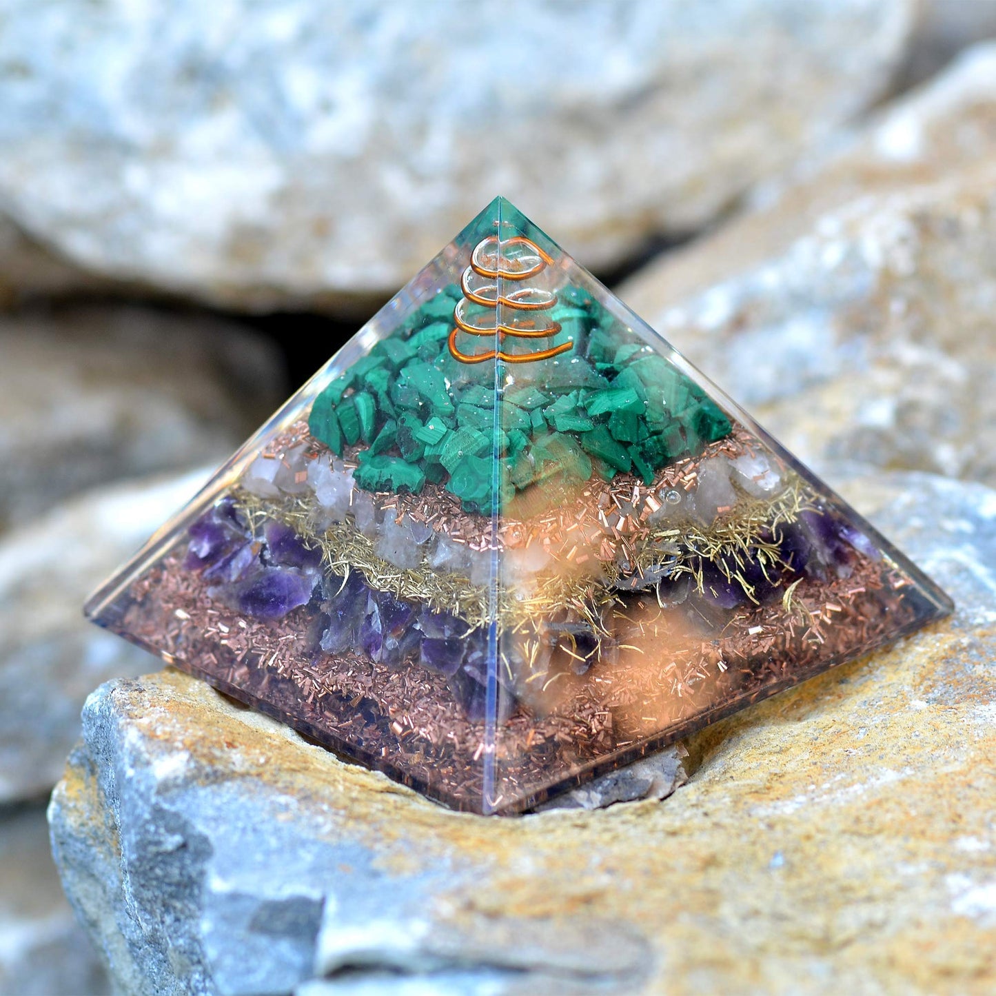 Orgonite Crystal Orgone Pyramid with Rose Quartz, Amethyst, and Malachite – Decorative Gemstone Pyramid for Meditation, Yoga, Gifting, Home or Office Décor