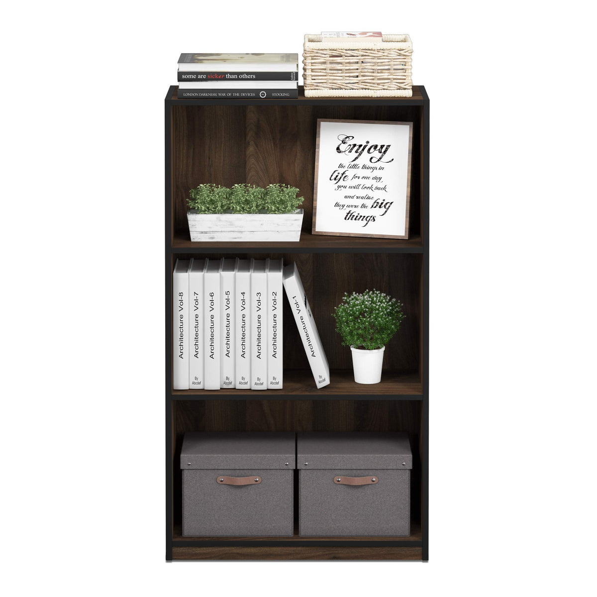 Furinno BASIC Book Shelf, 3-Tier Modern Bookshelf, Bookcase with Open Shelves, 9.3 x 21.8 x 39.5, for Living Room, Bedroom, Home Office, Columbia Walnut/Black