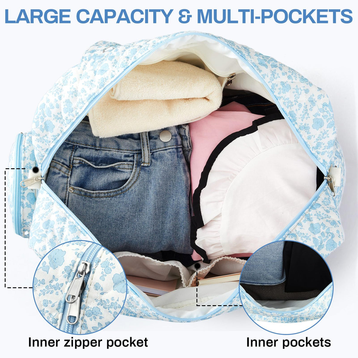 Abbylike 2 Pcs Large Quilted Duffle Bag Blue Floral Coquette Duffle Bag with Makeup Pouch Quilted Weekender Diaper Tote with Shoe Compartment for Women Travel Hospital