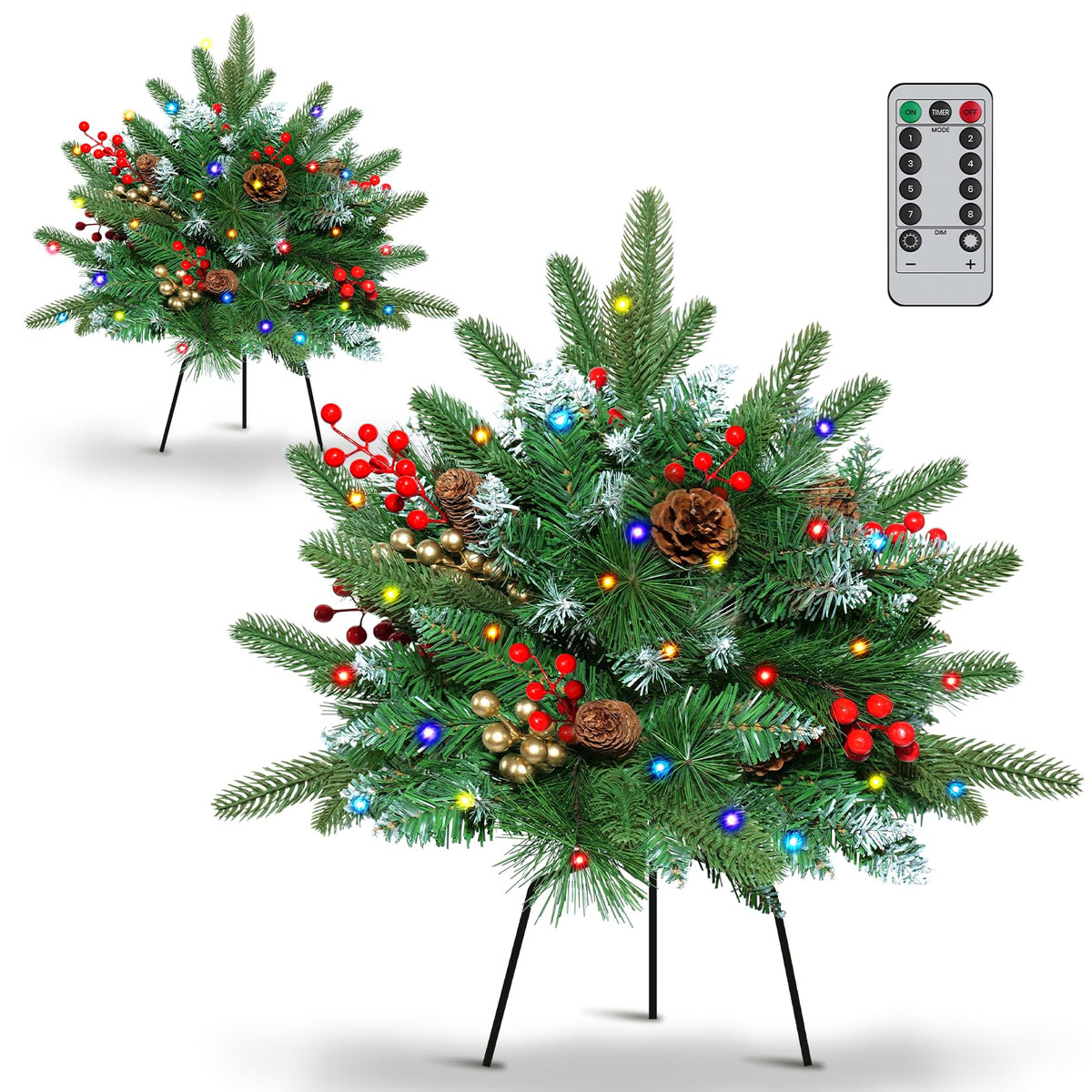 Set of 2 23.6 Inch Lighted Outdoor Christmas Tree Christmas Planter Filler with Remote, 8 Modes, Battery Operated Urn Filler Porch Decorations with Pine Cones, Red Berries for Pathway Yard Home Decor