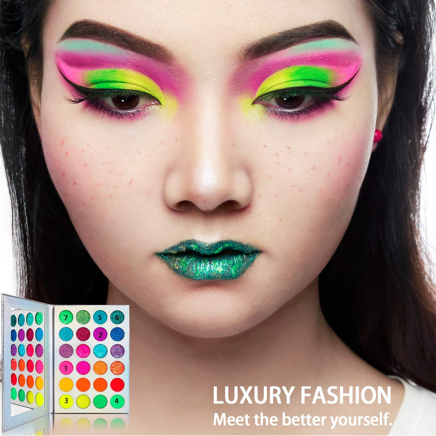 Afflano Neon Makeup Palette - Glow in the Dark Eyeshadow, Highly Pigmented, UV Blacklight Eye Shadow Palette with Red, Orange, Pink Pressed Glitter Eyeshadows