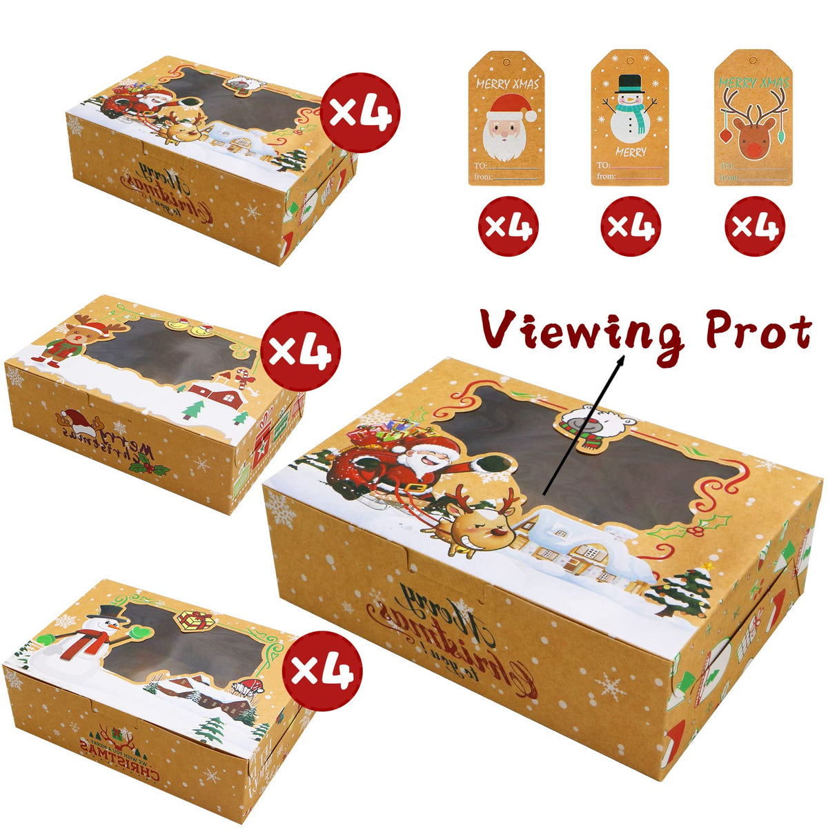 ZMCINER 12 PCS Christmas Cookie Boxes with Window Christmas Bakery Boxes Treat Boxes Baking Boxes for Gift Giving for Pastries, Cupcakes, Brownies, Brown Kraft Bakery Boxes 8.75 x 5.75 x 2.75 Inches