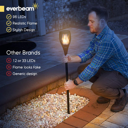 Everbeam P1 Solar Torch Light with Flickering Flame - Our Waterproof Outdoor Solar Tiki Torches Come Equipped with 96 LED Bulbs That Create A Stunning Realistic Fire Effect - 2 Pack