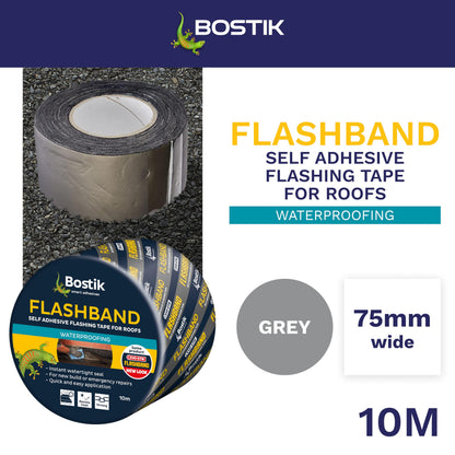 Bostik Flashband Self Adhesive Flashing Tape for Roofs Grey - 75mm x 10m - Provides an Instant Watertight Seal - Quick and Easy Application - Excellent Adhesion