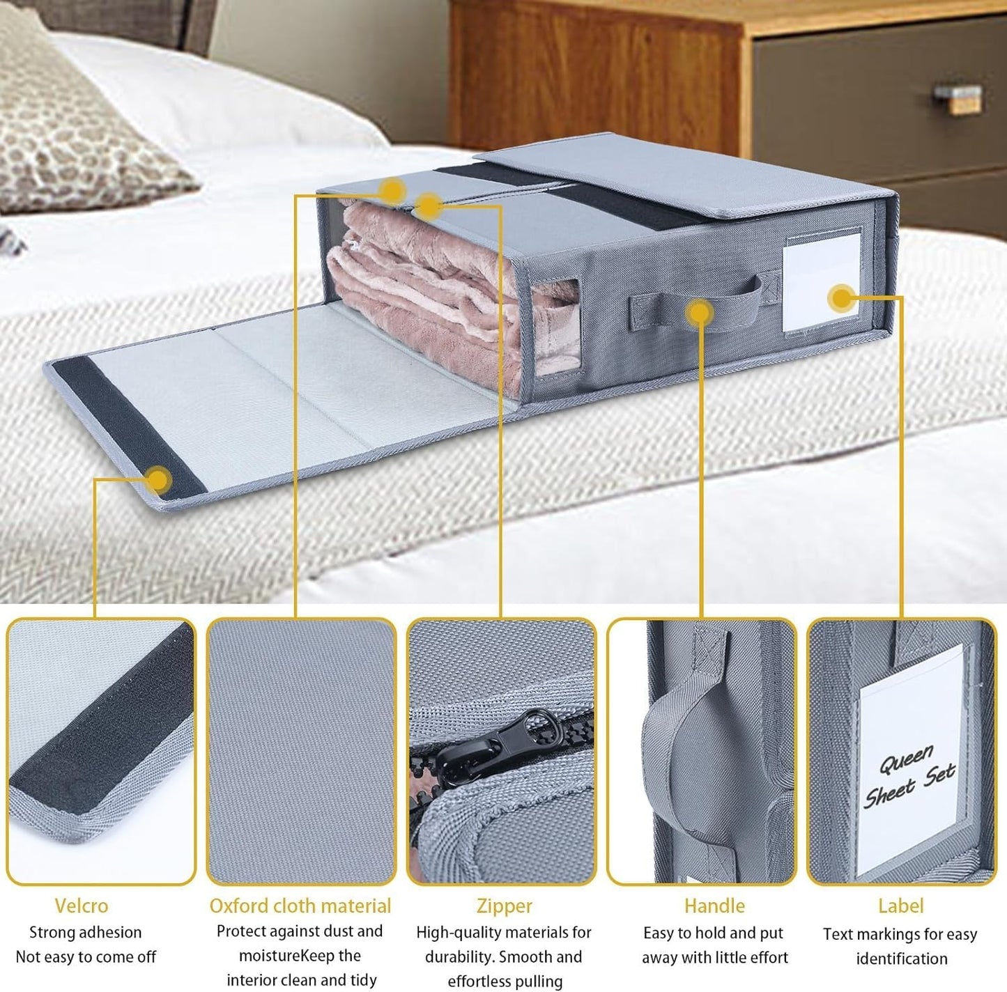 Bed Sheet Organizers and Storage - Foldable Sheet Cube Storage Container with Handles and Labels, Bedding Storage Box for Linen Closet, Wardrobe, Under Bed, Fits King/Queen Sheets, Towels(8 PCS)