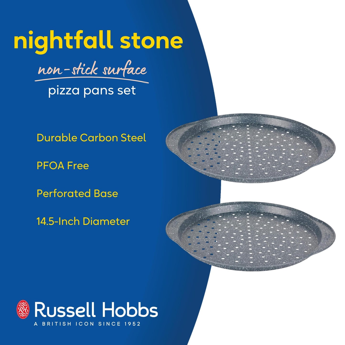 Russell Hobbs Nightfall Stone Set of 2 Large Pizza Trays - 14.5" Pizza Pans, Non-Stick Round Baking Trays, Carbon Steel, PFOA Free, Perforated Base for Crispy Cooking, Ideal for Pizza's, Garlic Bread