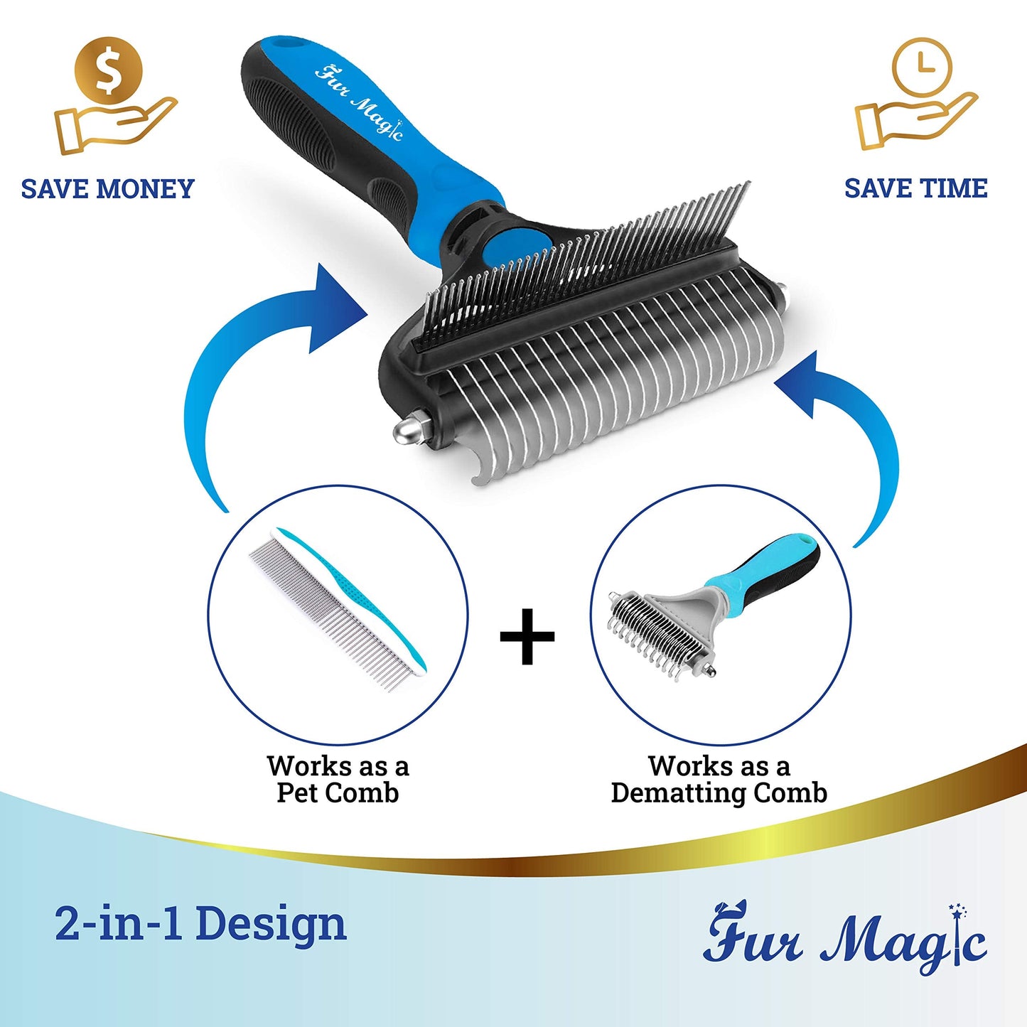 Fur Magic Deshedding and Dematting Comb Double Sided Undercoat Rake Pet Grooming Brush Removing Mats, Knots & Tangles for Dogs and Cats with Long and Medium Hair, Blue
